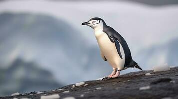 un Correa de la barbilla pingüino camina precariamente a lo largo el cresta de muralla exterior cabeza en engaño isla en Antártida, alto encima el glacial Oceano abajo. generativo ai foto