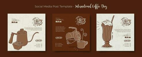 conjunto de social medios de comunicación enviar modelo con café en mano dibujado bosquejo para café día Campaña diseño vector