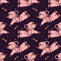 Seamless pattern with cute astronauts and shooting stars in zero gravity. vector