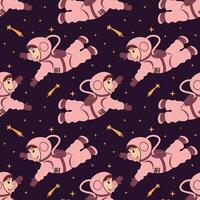 Seamless pattern with cute astronauts and shooting stars in zero gravity. vector