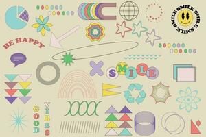 Swiss bauhaus y2k brutalist elements. Abstract geometric shapes, contemporary flower, star figures. Vector memphis design, primitive element set.
