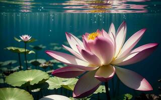 The Exquisite Pink Lotus Blossom Submerged in Tranquility ai generated photo