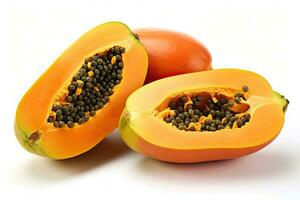 ripe papaya and sliced papaya isolated on white background. Generative Ai photo