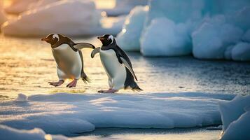 pingüinos diapositivas en hielo. generativo ai foto