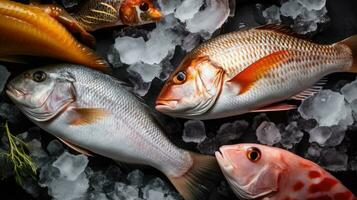 parte superior ver de japonés Fresco peces y crustáceo en blanco antecedentes. generativo ai foto