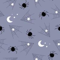 Seamless pattern with spiders and cobwebs on the background of the starry sky and the moon. Vector graphics.