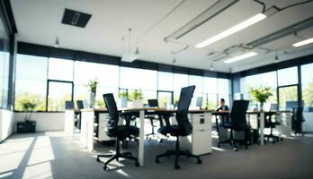 Blurred Background of a Light Modern Office with Panoramic Windows and Beautiful Lighting ai generated photo