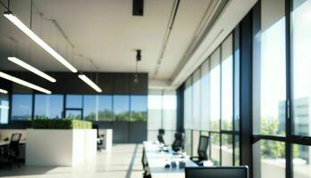 Blurred Background of a Light Modern Office with Panoramic Windows and Beautiful Lighting ai generated photo