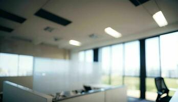 Blurred Background of a Light Modern Office with Panoramic Windows and Beautiful Lighting ai generated photo