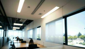 Blurred Background of a Light Modern Office with Panoramic Windows and Beautiful Lighting ai generated photo