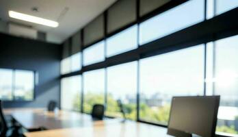 Blurred Background of a Light Modern Office with Panoramic Windows and Beautiful Lighting ai generated photo