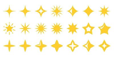 amarillo estrellas y destellos icono conjunto aislado en blanco antecedentes. colección de centelleo estrellas de varios formas vector