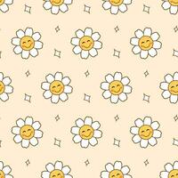 Seamless pattern with cute smiling chamomile flowers on pastel yellow background vector