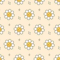 Seamless pattern with cute smiling chamomile flowers on pastel yellow background vector