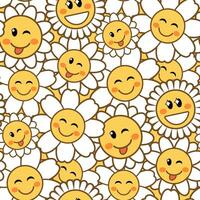 Seamless floral pattern with cute cartoon chamomile. Flowers with funny smiling faces. vector