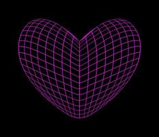 Neon pink wireframe heart shape on black background. Futuristic cyberpunk grid figure. Y2K retro style. vector