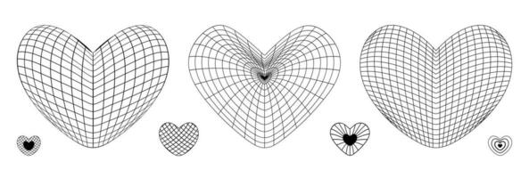 Set of black wireframe heart shapes on white background. Futuristic grid figures in Y2K retro style. vector