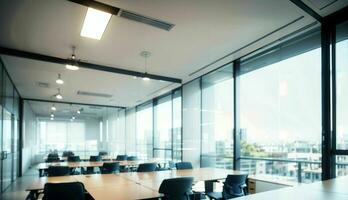 Blurred Background of a Light Modern Office with Panoramic Windows and Beautiful Lighting ai generated photo