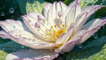 agua gotas en un hermosa flor en un gota de rocío macro fotografía ai generado foto