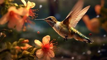 un colibrí complacer en dulce miel desde un vibrante amarillo Cereza flor ai generativo foto