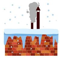 Winter roof. Brick wall with snow and chimney. Element of a house and building. Snowfall and cold weather. Flat cartoon. Christmas decoration vector