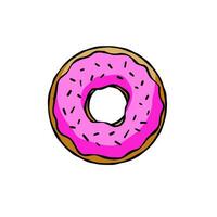 Donut with pink glaze. Sweet sugar dessert with icing. Outline cartoon illustration isolated on white background vector