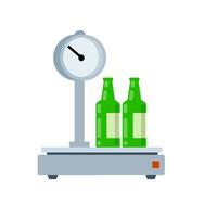 Bottles on scales. Shopping at grocery and alcohol store. Weighing product. Decoration for store and counter. Beer in a green package. Flat cartoon vector