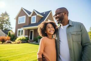 Father and daughter outside of a newly purchased suburban home, real estate home ownership concept AI Generative photo