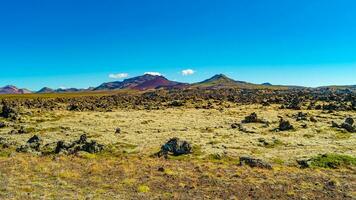 Panoramic over Icelandic colorful and wild landscape with lava field covered by ancient moss at summer sunny day with blue sky, Iceland photo