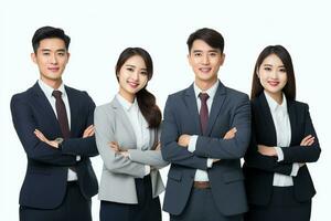 Group of smiling asian Young business people team work and stand with arms crossed successful together idea concept, isolated on white background AI Generative photo