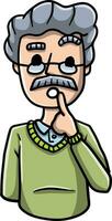 Confused man. Doubts and gesture finger at hands. Emotions of hesitation, suspicion and mistrust. Cartoon embarrassed character. Guy and question vector