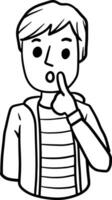 Confused man. Doubts and gesture finger at hands. Hand-drawn embarrassed young character. Boy in shirt. Guy and question. Emotions of hesitation, suspicion and mistrust vector