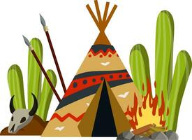 Indian wigwam. Home of native American. Tent made of skins. Brown tepee. Tribal hut. Spear and skull of animal. Cartoon flat illustration. vector