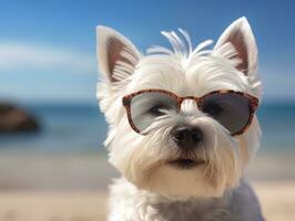 Cute West Highland Terrier dog wearing sunglasses at the beach photo