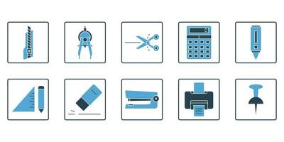 Stationery set icon. Contains icons cutter knife, cutter, divider, scissors, etc. Solid icon style. Simple vector design editable