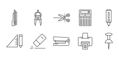 Stationery set icon. Contains icons cutter knife, cutter, divider, scissors, etc. Line icon style. Simple vector design editable