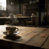 Coffee cup on rustic wooden table with defocussed kitchen in the background - generative ai photo