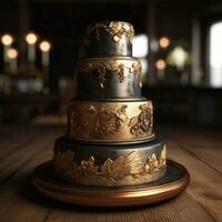 Dark gothic style 3 tier wedding cake in gold and black - generative ai photo