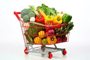 Grocery cart filled with fruits and vegetables, isolated on a white background. AI Generative. photo