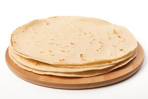 recién hecho llanura tortilla, plano y Listo para utilizar en varios culinario aplicaciones, aislado en un blanco antecedentes. ai generativo foto