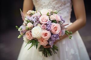 bride holding a beautiful wedding bouquet of flowers close-up.ai generative photo