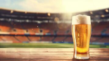 Cold beer and sport time. Beautiful background with blurred view of playing game at the stadium.ai generative photo