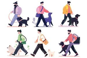 Hand Drawn Set of character is walking happily with the dog in flat style vector