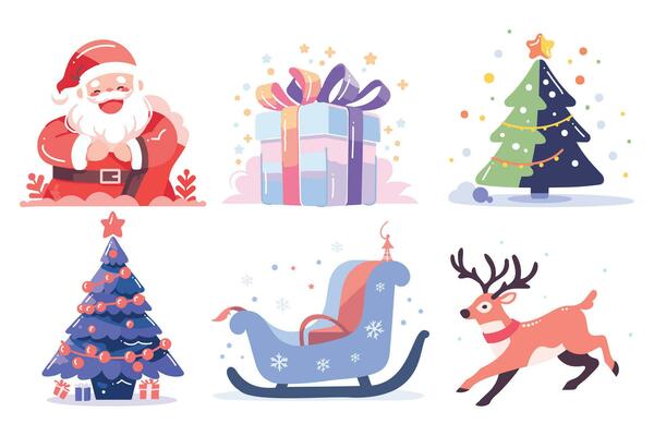 Hand Drawn Set of Santa Claus with Christmas objects in flat style