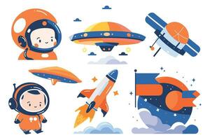 Hand Drawn Set of astronauts and space objects in flat style vector