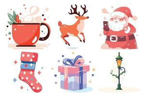 Hand Drawn Set of Santa Claus with Christmas objects in flat style vector