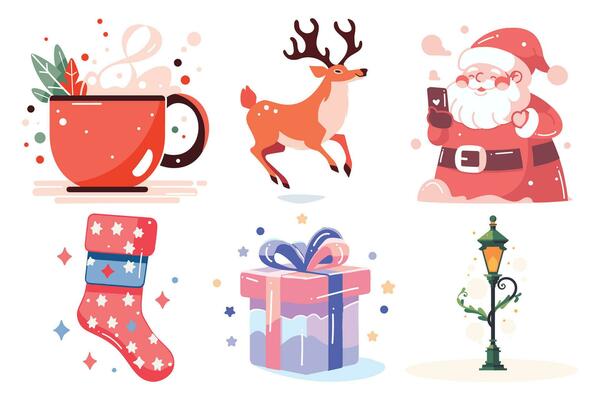 Hand Drawn Set of Santa Claus with Christmas objects in flat style
