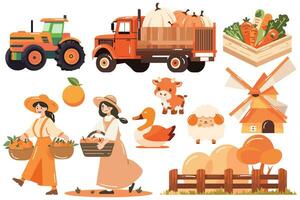 Hand Drawn Set of Farmer and farm objects in flat style vector