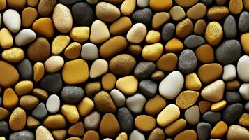 golden texture stones, pebbles, rock wall seamless pattern. cobble pavement material textured surface, graphic design templates for landscaping AI Generative photo