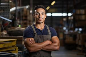 confidente masculino fábrica trabajador con brazos cruzado, industrial taller industria ai generativo foto